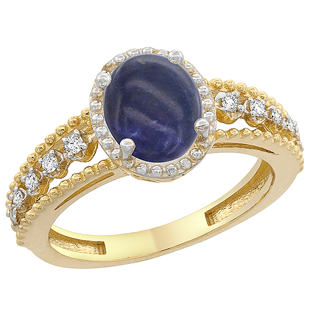 10K Yellow Gold Natural Lapis Ring Oval 9x7 mm Floating Diamond Accents, sizes 5 - 10