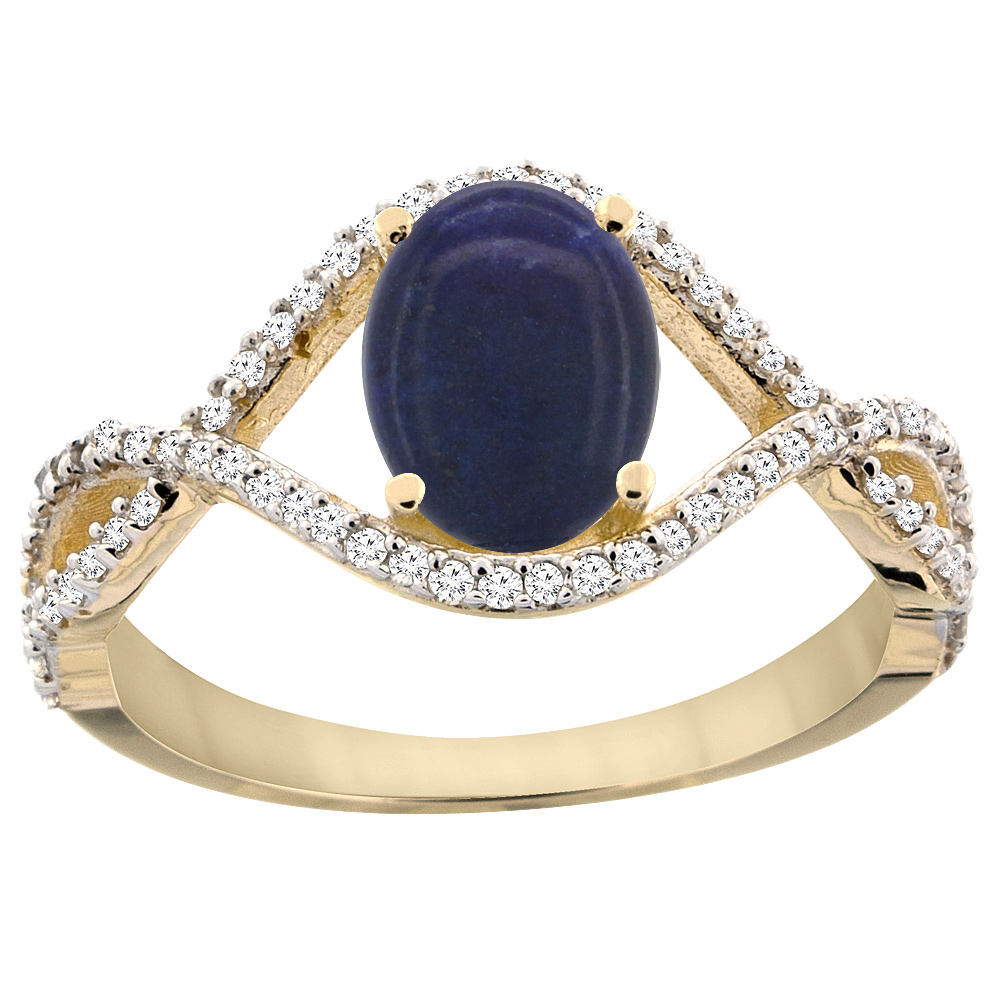 10K Yellow Gold Natural Lapis Ring Oval 8x6 mm Infinity Diamond Accents, sizes 5 - 10