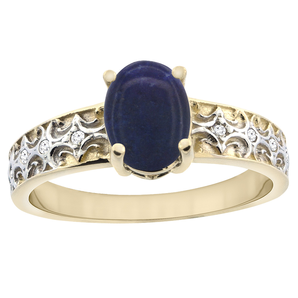 10K Yellow Gold Natural Lapis Ring Oval 8x6 mm Diamond Accents, sizes 5 - 10