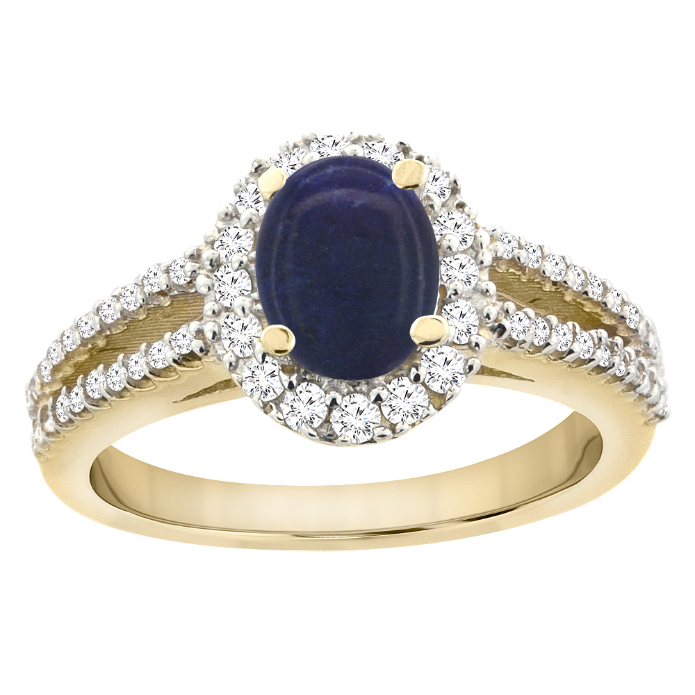 14K Yellow Gold Natural Lapis Split Shank Halo Engagement Ring Oval 7x5 mm, sizes 5 - 10