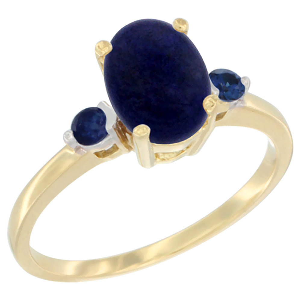 14K Yellow Gold Natural Lapis Ring Oval 9x7 mm Blue Sapphire Accent, sizes 5 to 10