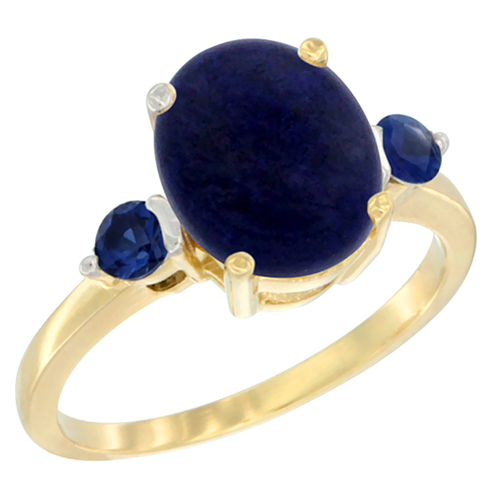 10K Yellow Gold 10x8mm Oval Natural Lapis Ring for Women Blue Sapphire Side-stones sizes 5 - 10