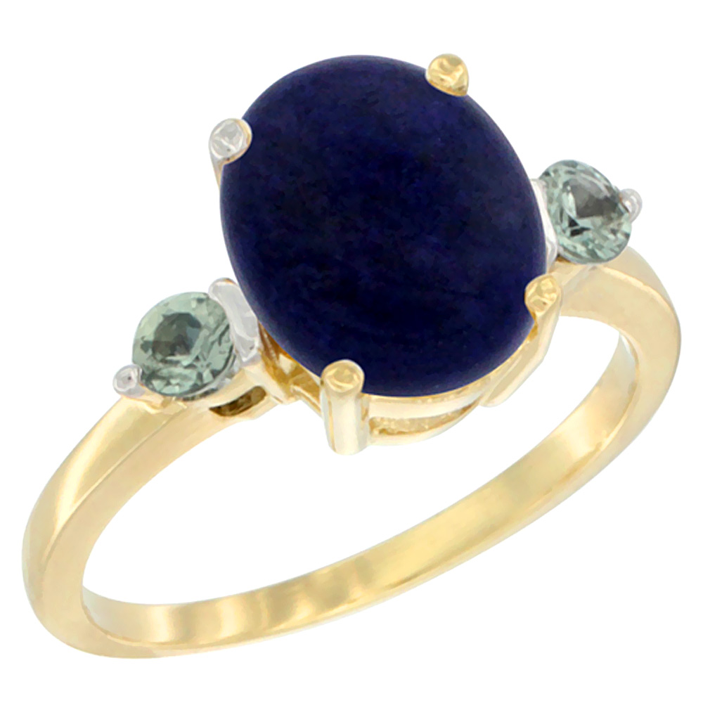 10K Yellow Gold 10x8mm Oval Natural Lapis Ring for Women Green Sapphire Side-stones sizes 5 - 10
