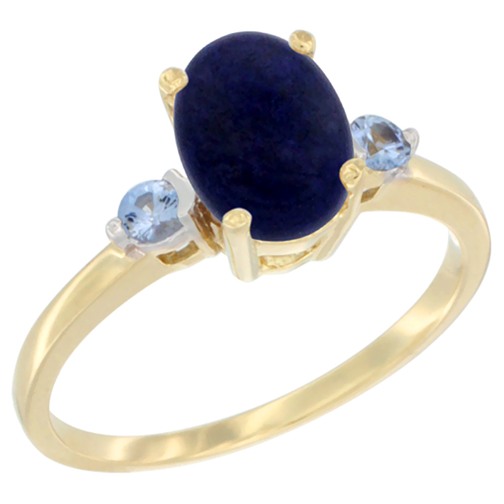 14K Yellow Gold Natural Lapis Ring Oval 9x7 mm Light Blue Sapphire Accent, sizes 5 to 10