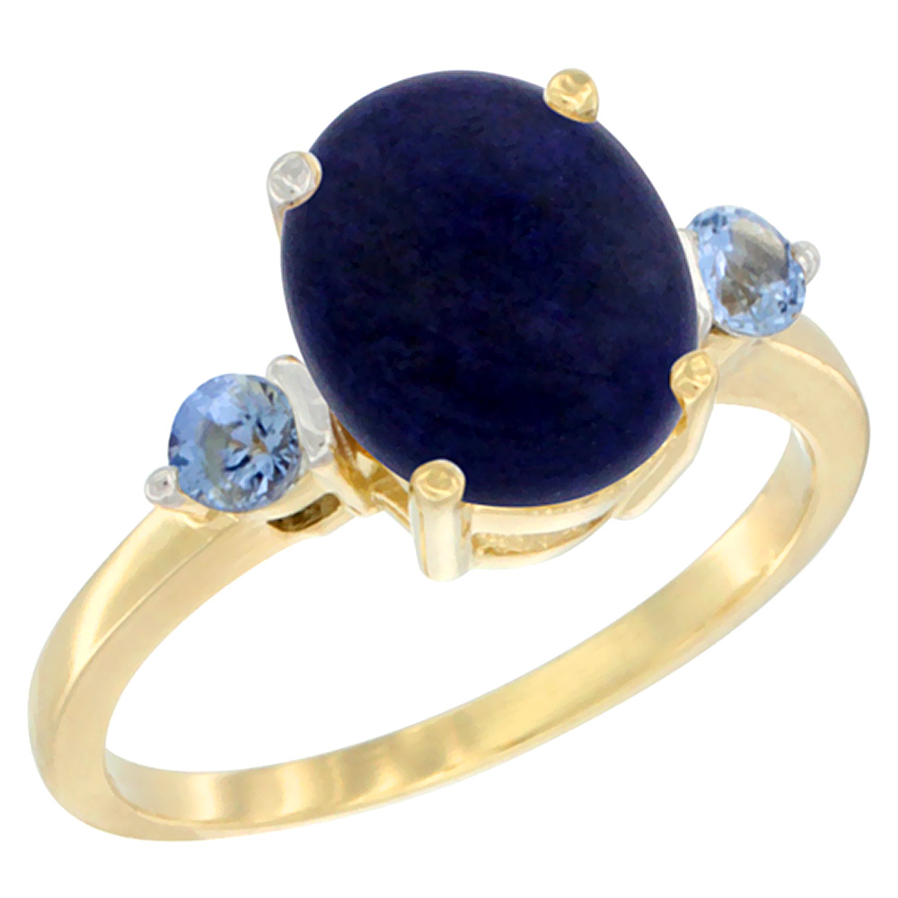 14K Yellow Gold 10x8mm Oval Natural Lapis Ring for Women Light Blue Sapphire Side-stones sizes 5 - 10