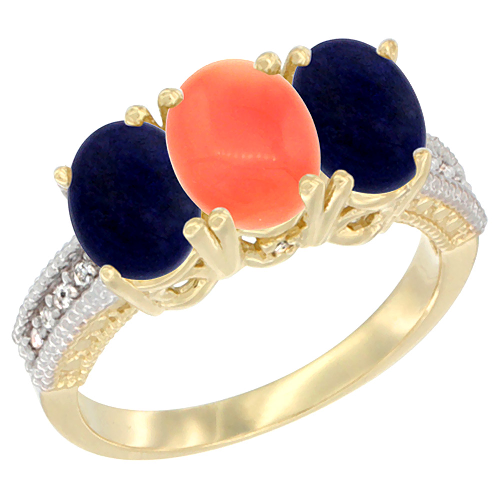 14K Yellow Gold Natural Coral Ring with Lapis 3-Stone 7x5 mm Oval Diamond Accent, sizes 5 - 10
