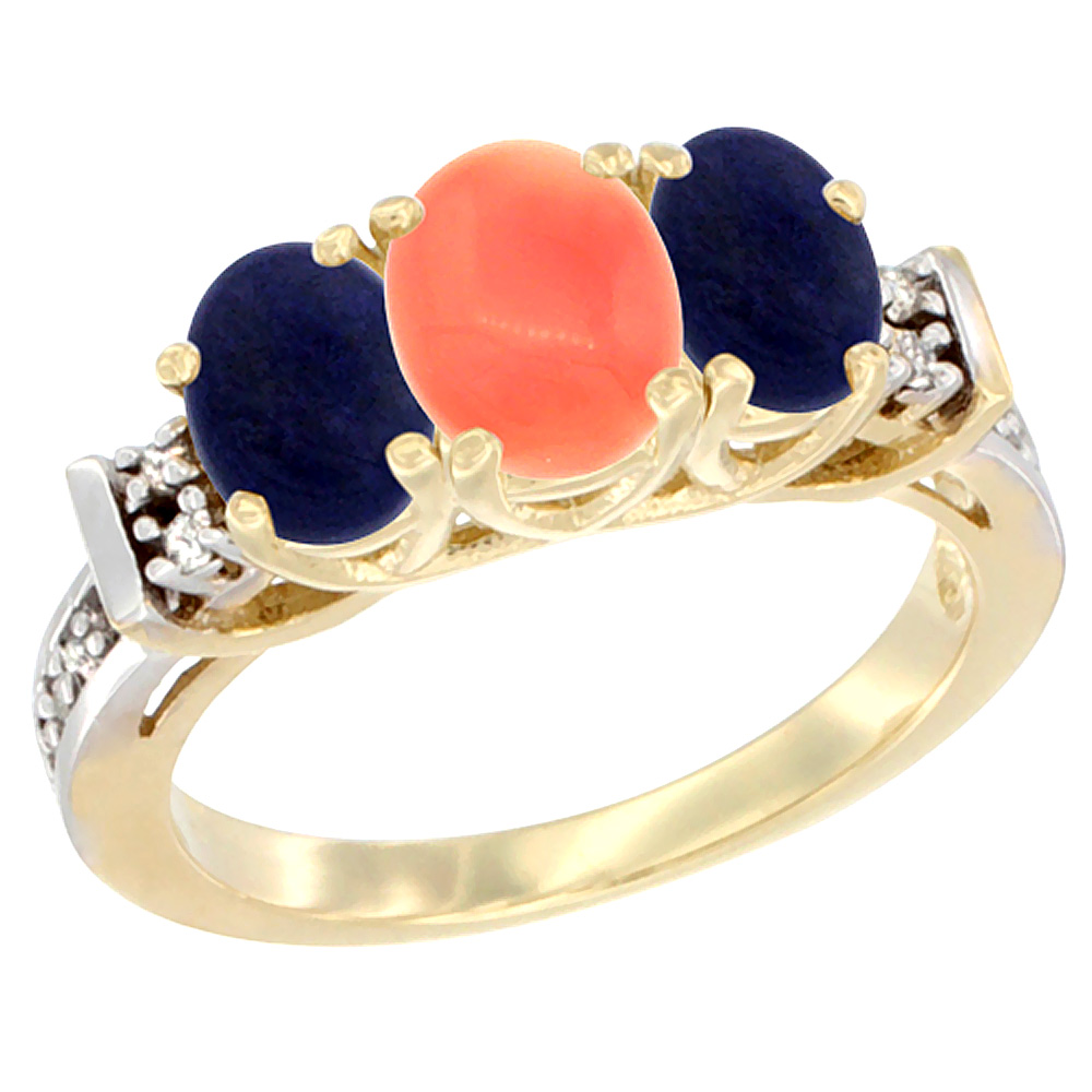 14K Yellow Gold Natural Coral &amp; Lapis Ring 3-Stone Oval Diamond Accent