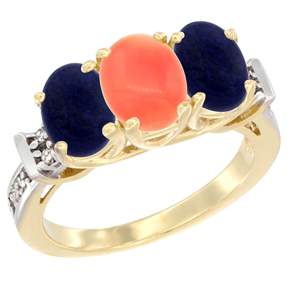 10K Yellow Gold Natural Coral & Lapis Sides Ring 3-Stone Oval Diamond Accent, sizes 5 - 10