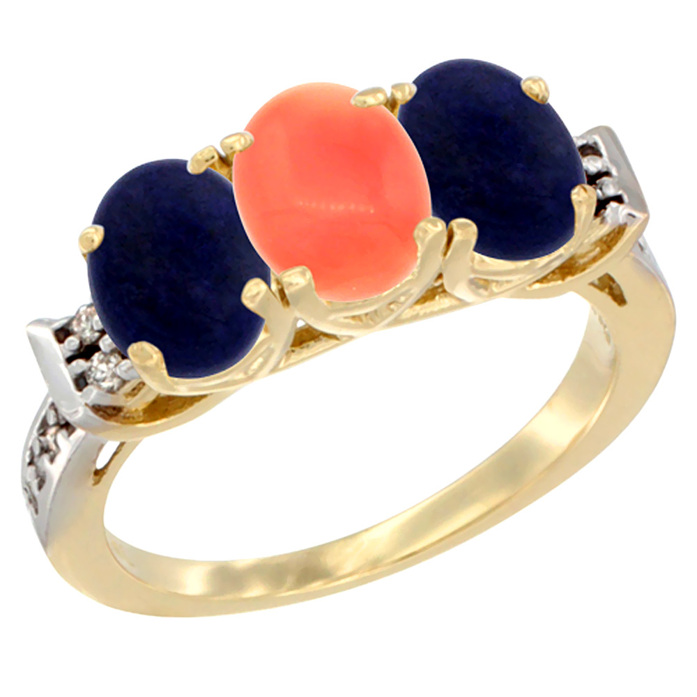 10K Yellow Gold Natural Coral & Lapis Sides Ring 3-Stone Oval 7x5 mm Diamond Accent, sizes 5 - 10