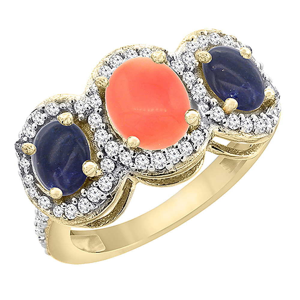 14K Yellow Gold Natural Coral &amp; Lapis 3-Stone Ring Oval Diamond Accent, sizes 5 - 10