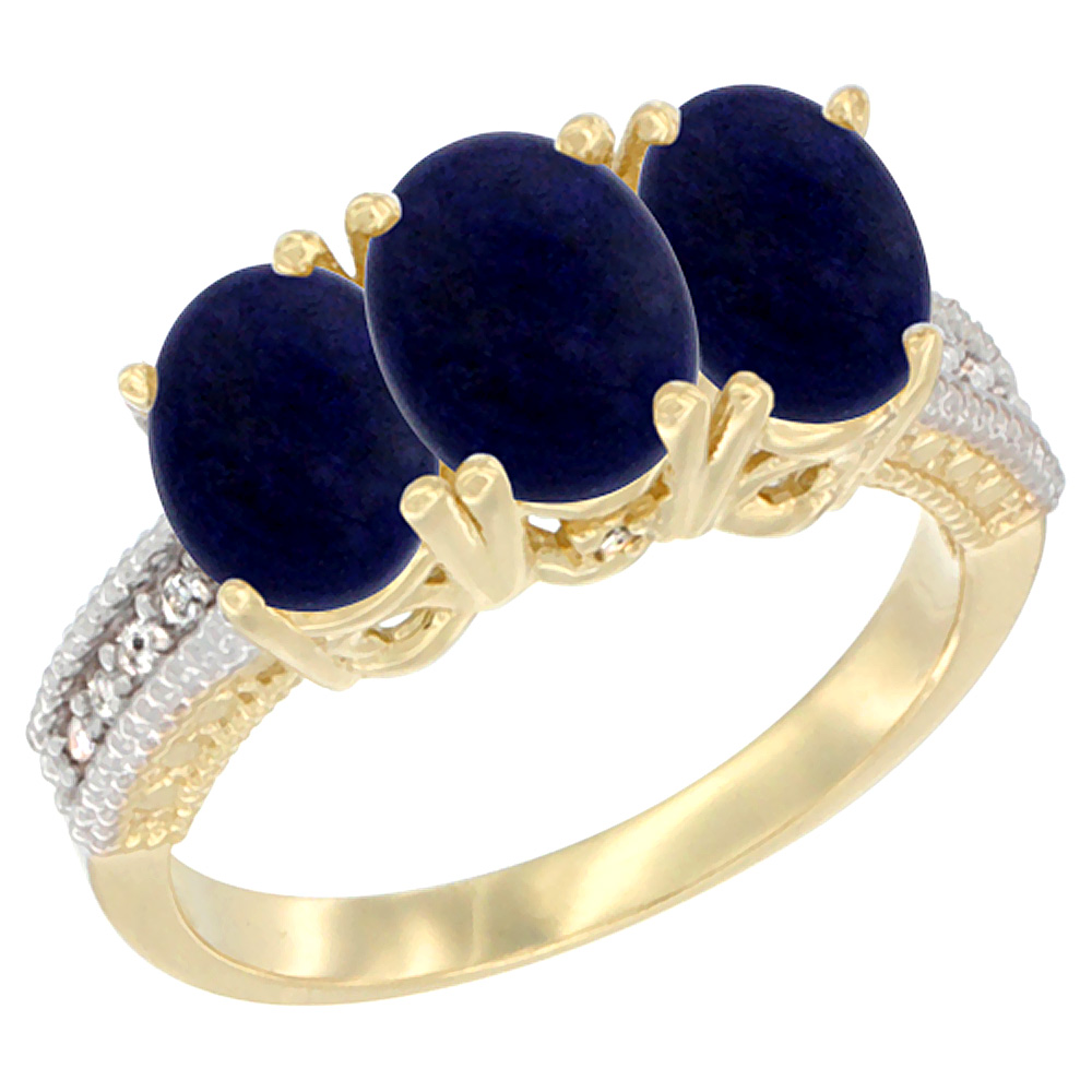 14K Yellow Gold Natural Lapis Ring 3-Stone 7x5 mm Oval Diamond Accent, sizes 5 - 10