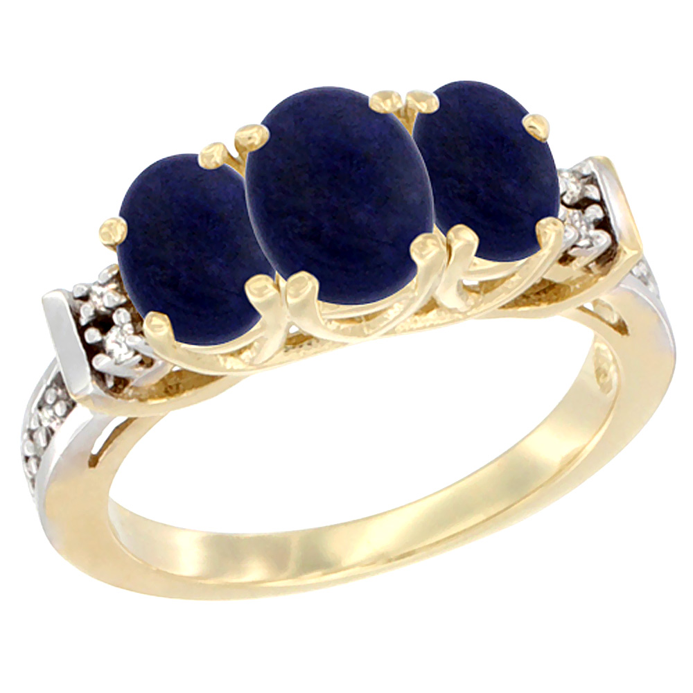 14K Yellow Gold Natural Lapis Ring 3-Stone Oval Diamond Accent