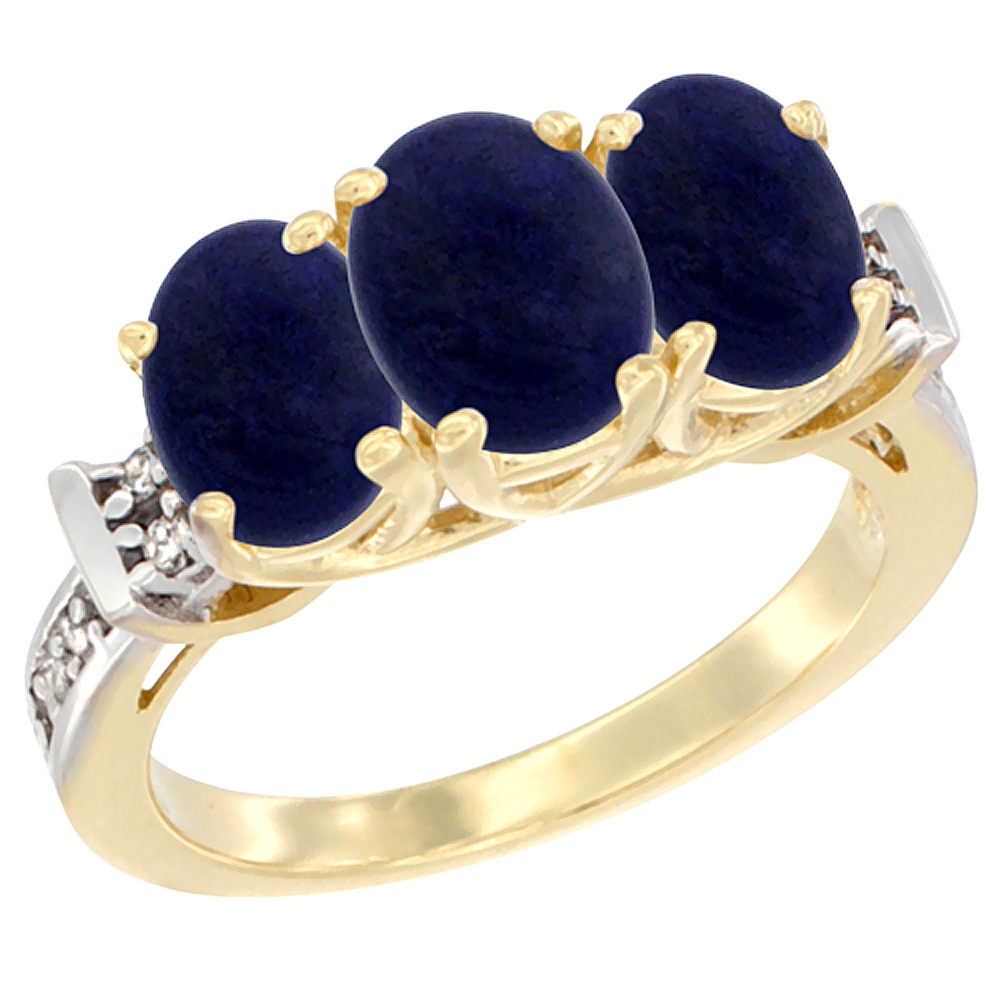 10K Yellow Gold Natural Lapis Ring 3-Stone Oval Diamond Accent, sizes 5 - 10