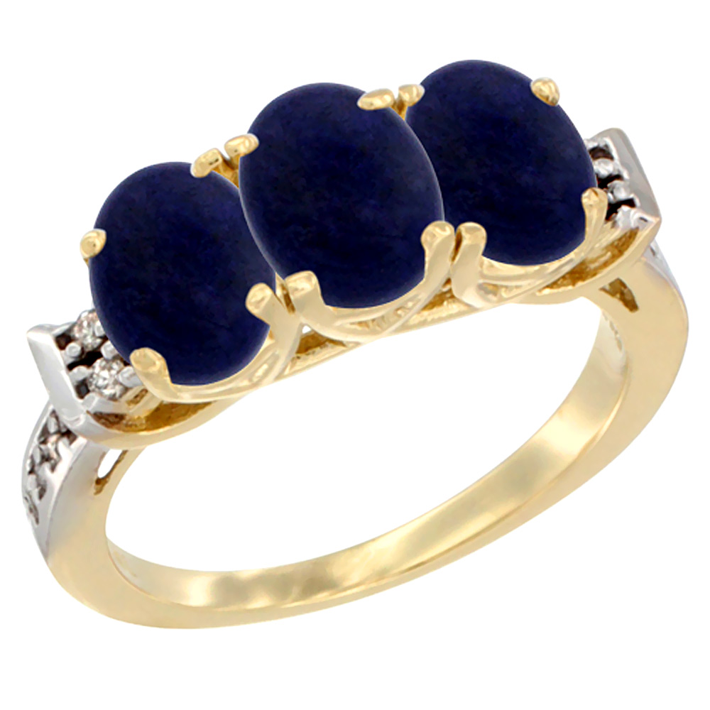 10K Yellow Gold Natural Lapis Ring 3-Stone Oval 7x5 mm Diamond Accent, sizes 5 - 10
