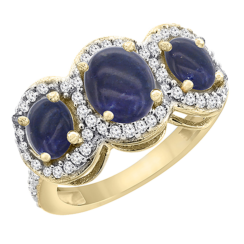 14K Yellow Gold Natural Lapis 3-Stone Ring Oval Diamond Accent, sizes 5 - 10