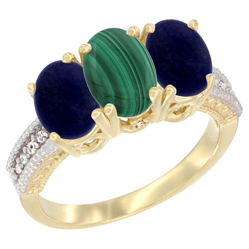 14K Yellow Gold Natural Malachite Ring with Lapis 3-Stone 7x5 mm Oval Diamond Accent, sizes 5 - 10