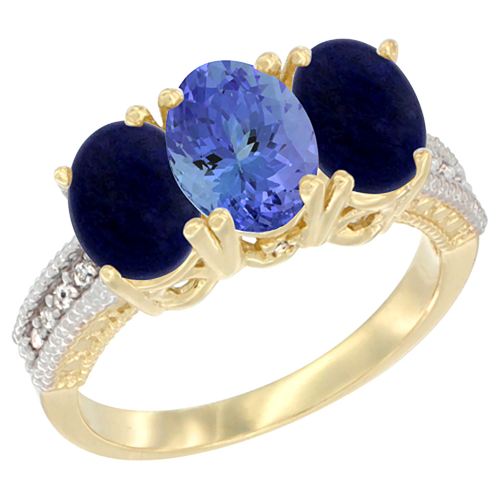 14K Yellow Gold Natural Tanzanite Ring with Lapis 3-Stone 7x5 mm Oval Diamond Accent, sizes 5 - 10