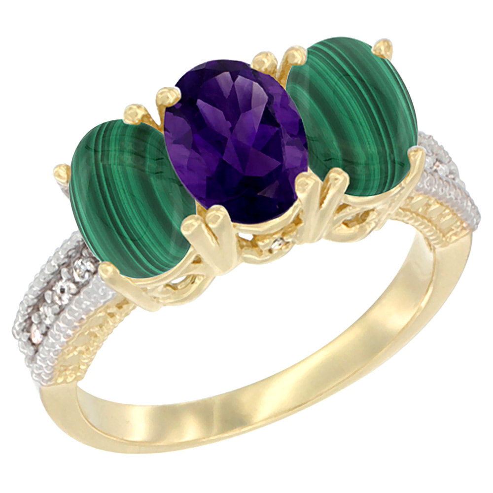 14K Yellow Gold Natural Amethyst Ring with Malachite 3-Stone 7x5 mm Oval Diamond Accent, sizes 5 - 10