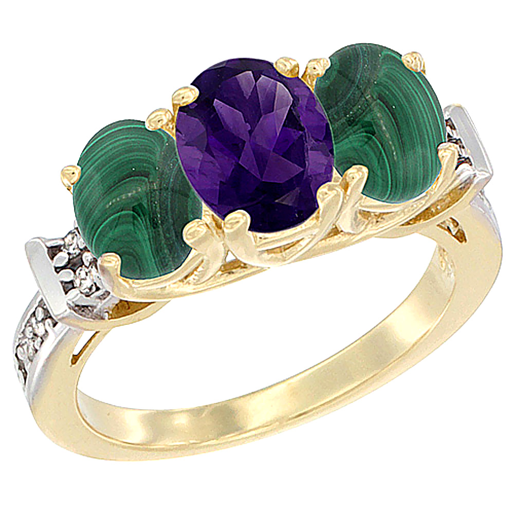 10K Yellow Gold Natural Amethyst &amp; Malachite Sides Ring 3-Stone Oval Diamond Accent, sizes 5 - 10