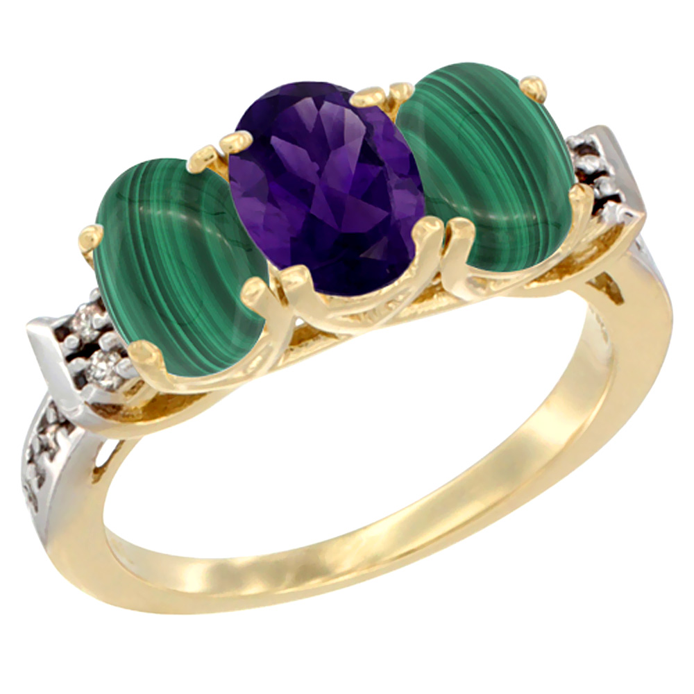 10K Yellow Gold Natural Amethyst & Malachite Sides Ring 3-Stone Oval 7x5 mm Diamond Accent, sizes 5 - 10