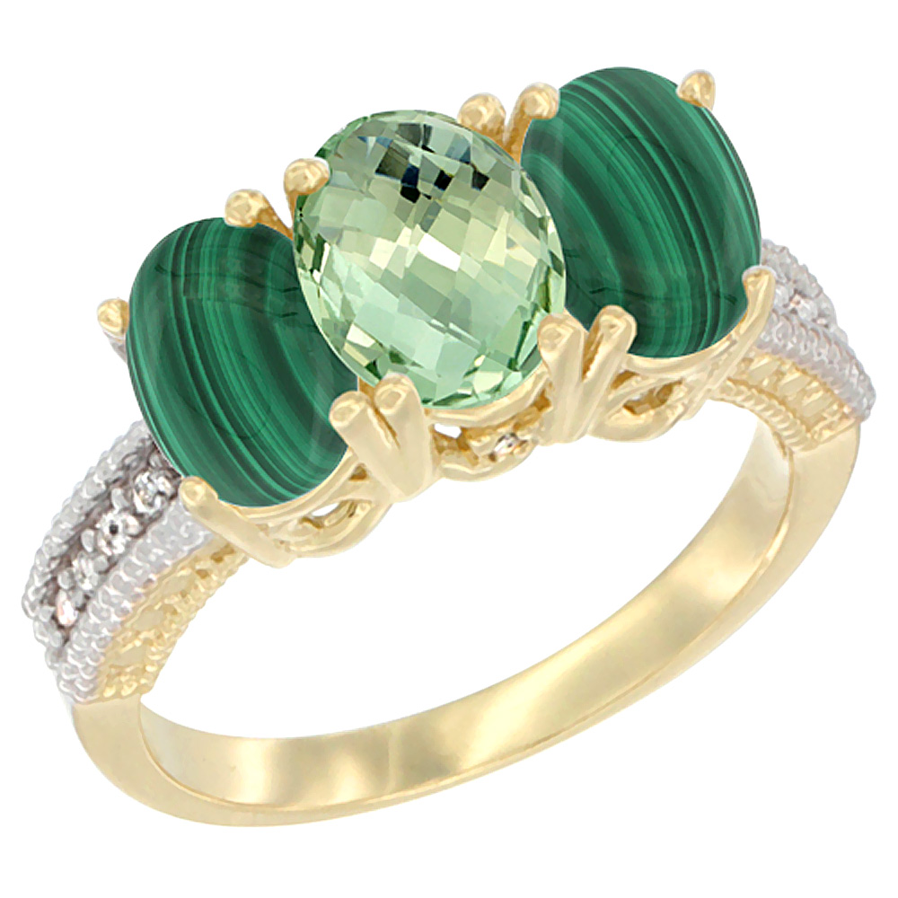 14K Yellow Gold Natural Green Amethyst Ring with Malachite 3-Stone 7x5 mm Oval Diamond Accent, sizes 5 - 10