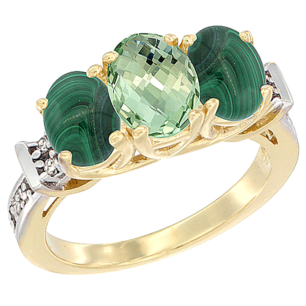 10K Yellow Gold Natural Green Amethyst & Malachite Sides Ring 3-Stone Oval Diamond Accent, sizes 5 - 10