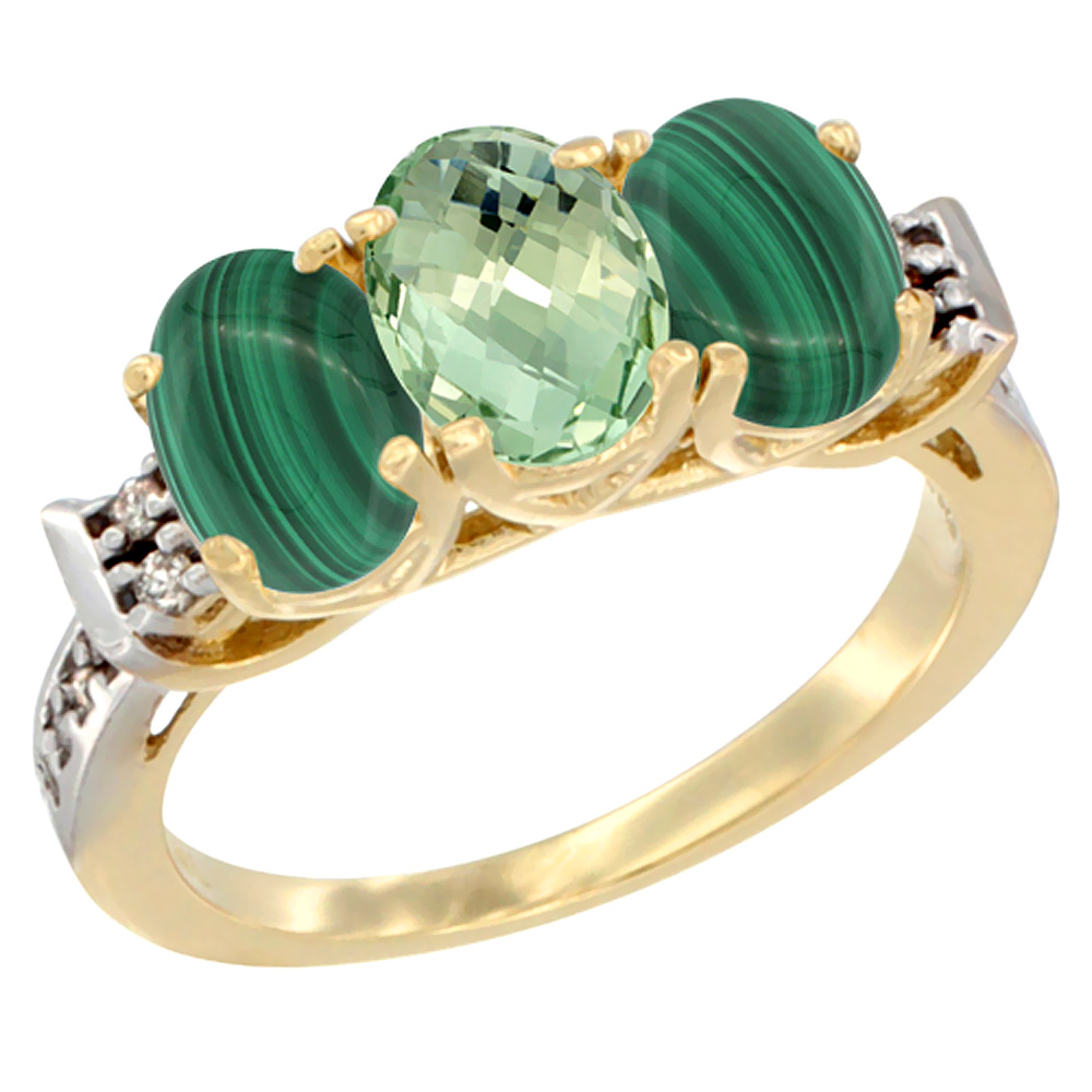 10K Yellow Gold Natural Green Amethyst &amp; Malachite Sides Ring 3-Stone Oval 7x5 mm Diamond Accent, sizes 5 - 10