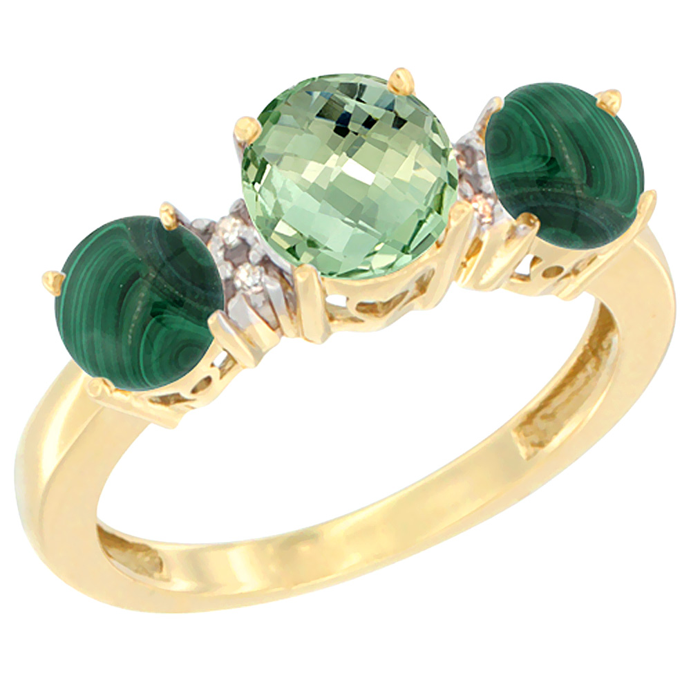 10K Yellow Gold Round 3-Stone Natural Green Amethyst Ring & Malachite Sides Diamond Accent, sizes 5 - 10