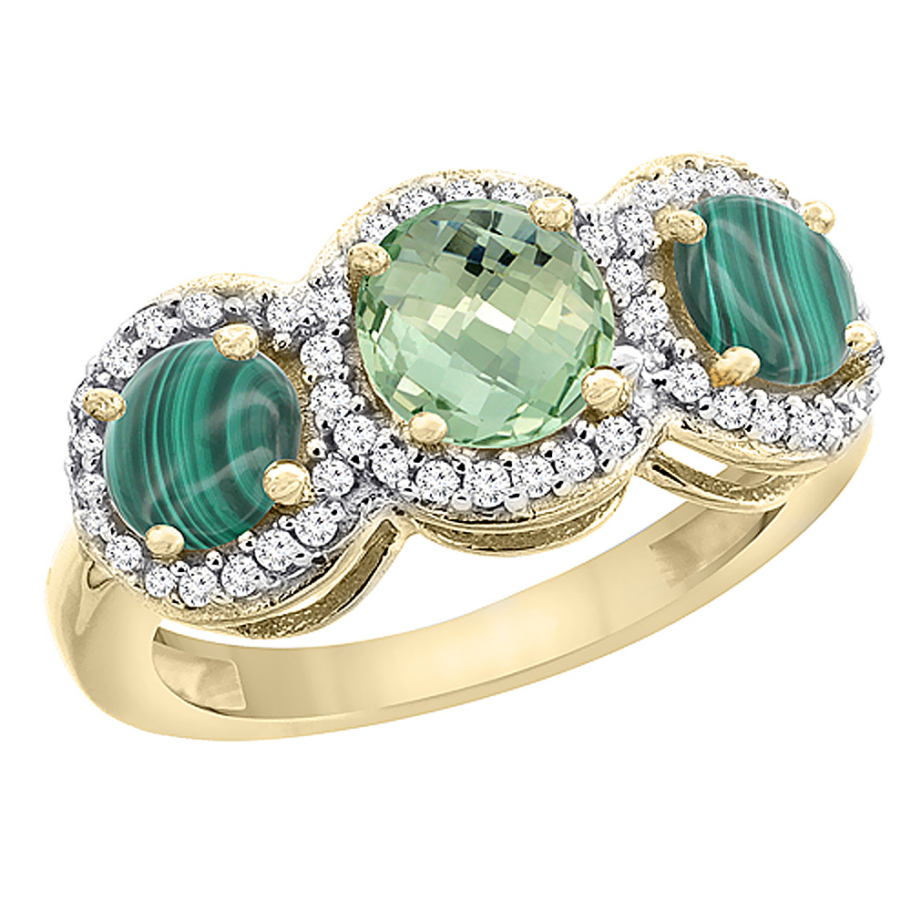 14K Yellow Gold Natural Green Amethyst &amp; Malachite Sides Round 3-stone Ring Diamond Accents, sizes 5 - 10