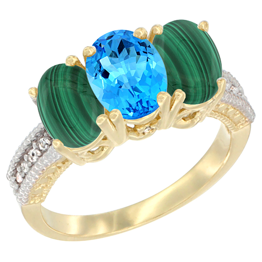 14K Yellow Gold Natural Swiss Blue Topaz Ring with Malachite 3-Stone 7x5 mm Oval Diamond Accent, sizes 5 - 10