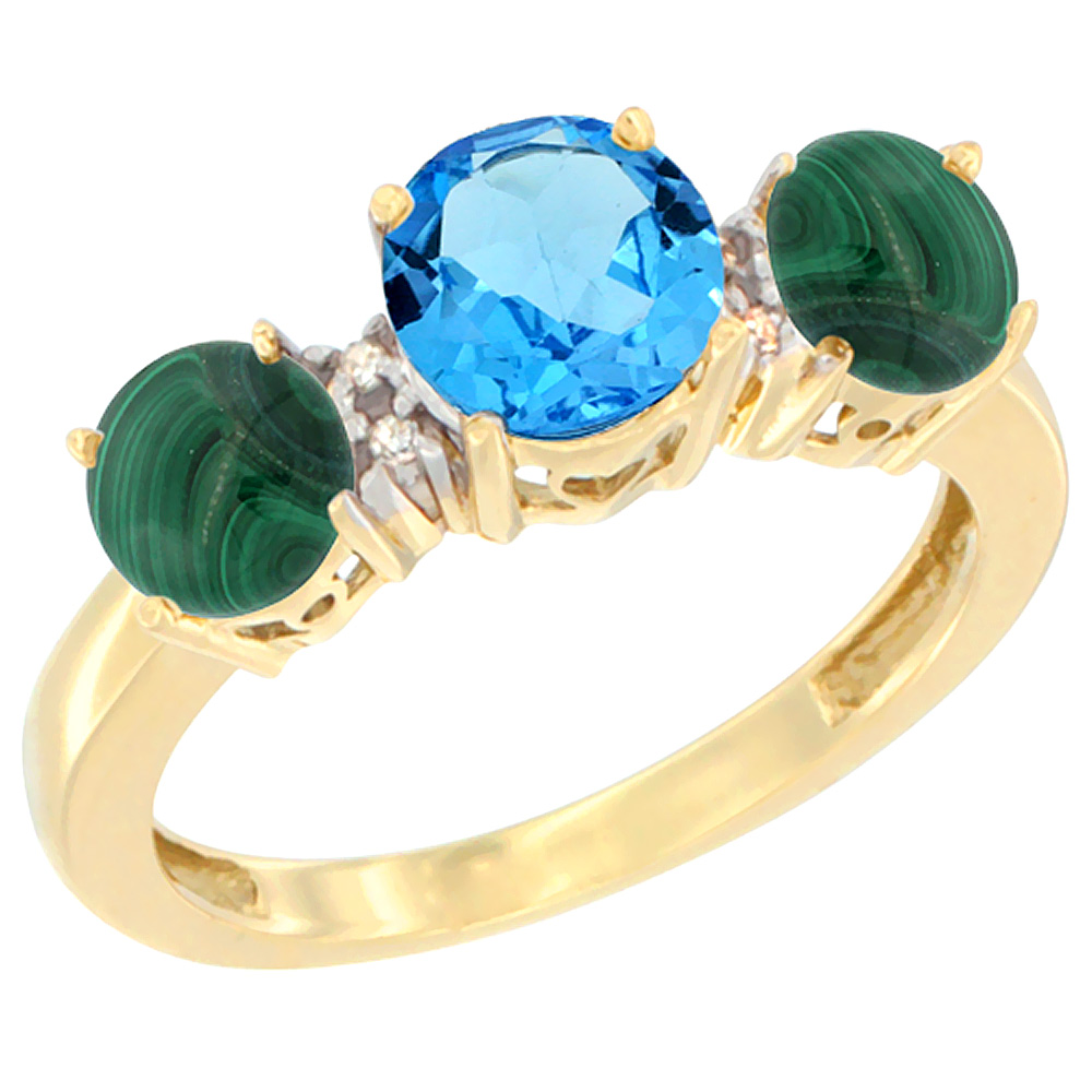 10K Yellow Gold Round 3-Stone Natural Swiss Blue Topaz Ring &amp; Malachite Sides Diamond Accent, sizes 5 - 10