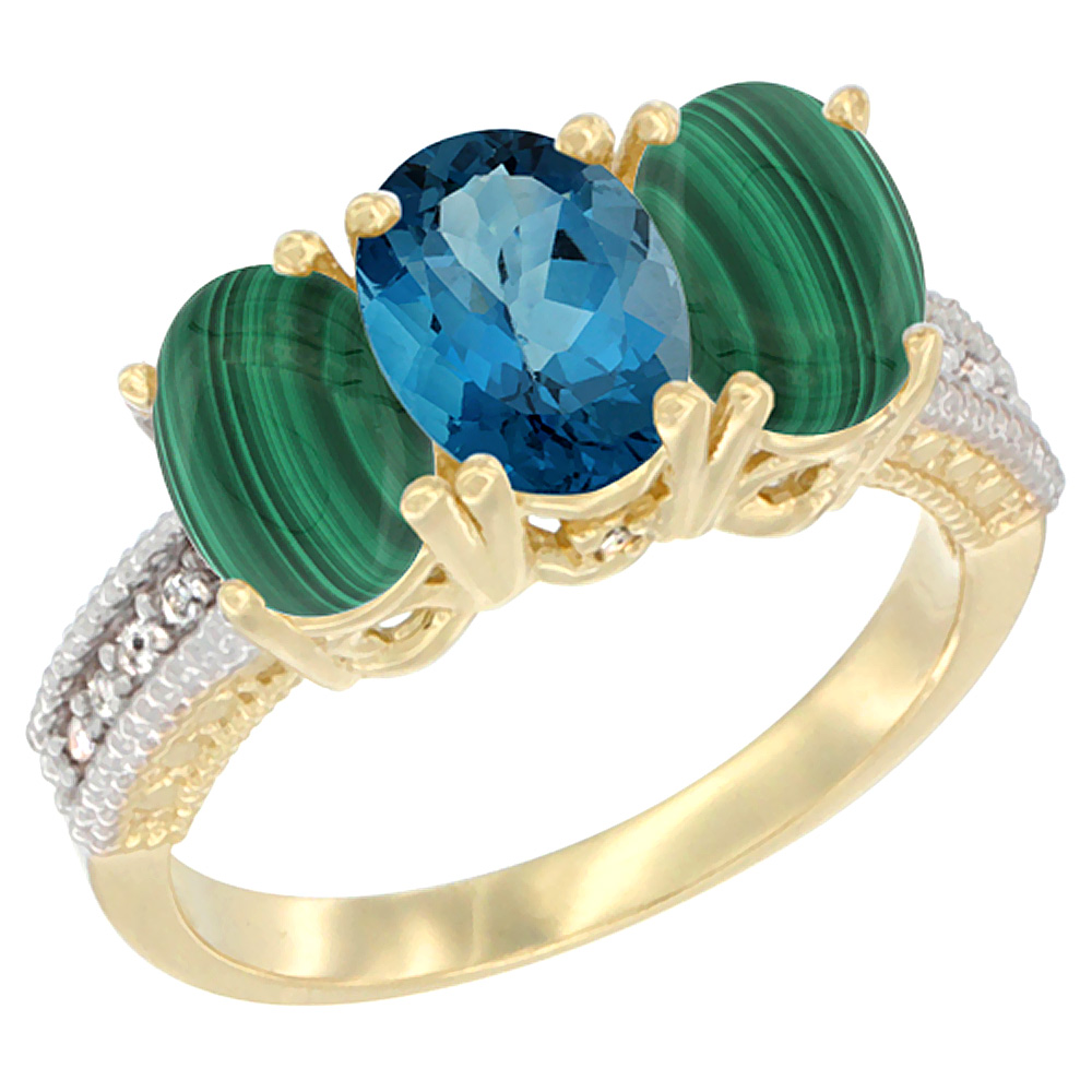 14K Yellow Gold Natural London Blue Topaz Ring with Malachite 3-Stone 7x5 mm Oval Diamond Accent, sizes 5 - 10