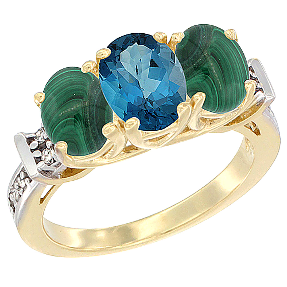 14K Yellow Gold Natural London Blue Topaz & Malachite Sides Ring 3-Stone Oval Diamond Accent, sizes 5 - 10