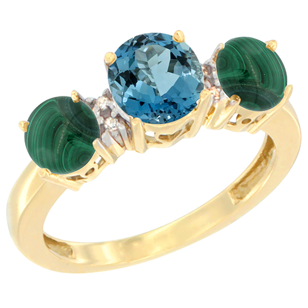 10K Yellow Gold Round 3-Stone Natural London Blue Topaz Ring &amp; Malachite Sides Diamond Accent, sizes 5 - 10