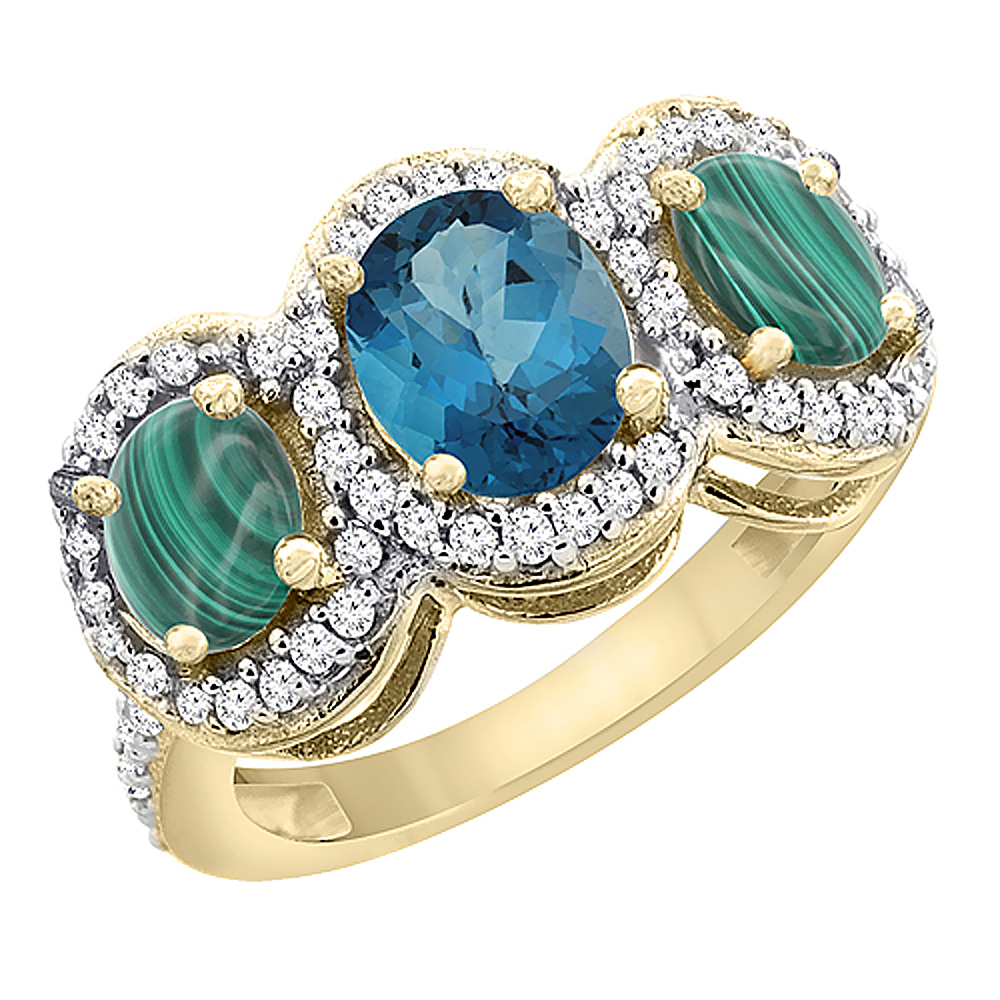 14K Yellow Gold Natural London Blue Topaz & Malachite 3-Stone Ring Oval Diamond Accent, sizes 5 - 10