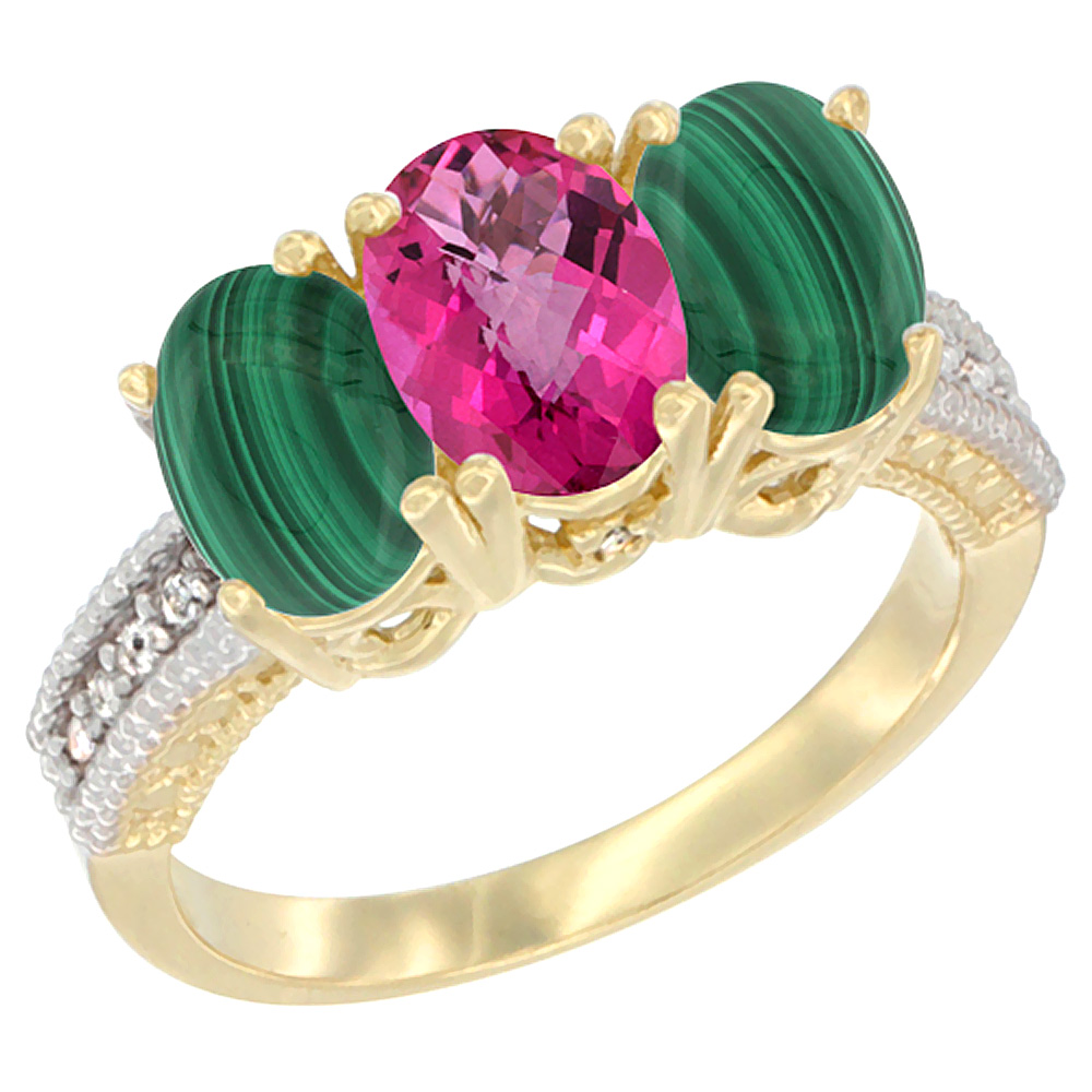 14K Yellow Gold Natural Pink Topaz Ring with Malachite 3-Stone 7x5 mm Oval Diamond Accent, sizes 5 - 10