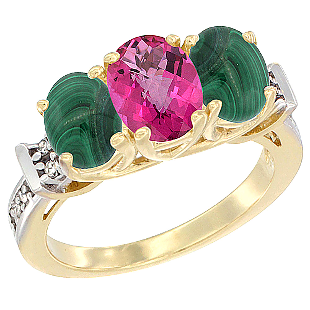 10K Yellow Gold Natural Pink Topaz & Malachite Sides Ring 3-Stone Oval Diamond Accent, sizes 5 - 10