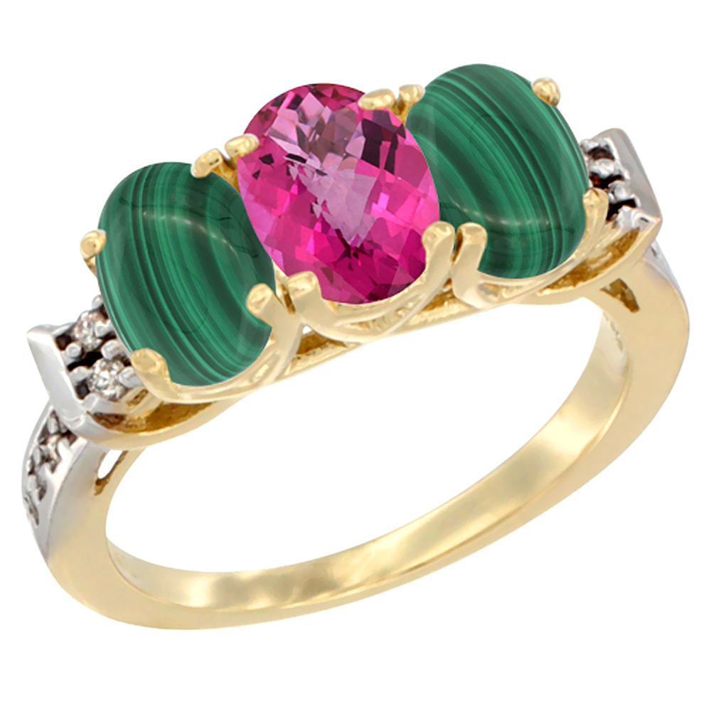 10K Yellow Gold Natural Pink Topaz &amp; Malachite Sides Ring 3-Stone Oval 7x5 mm Diamond Accent, sizes 5 - 10