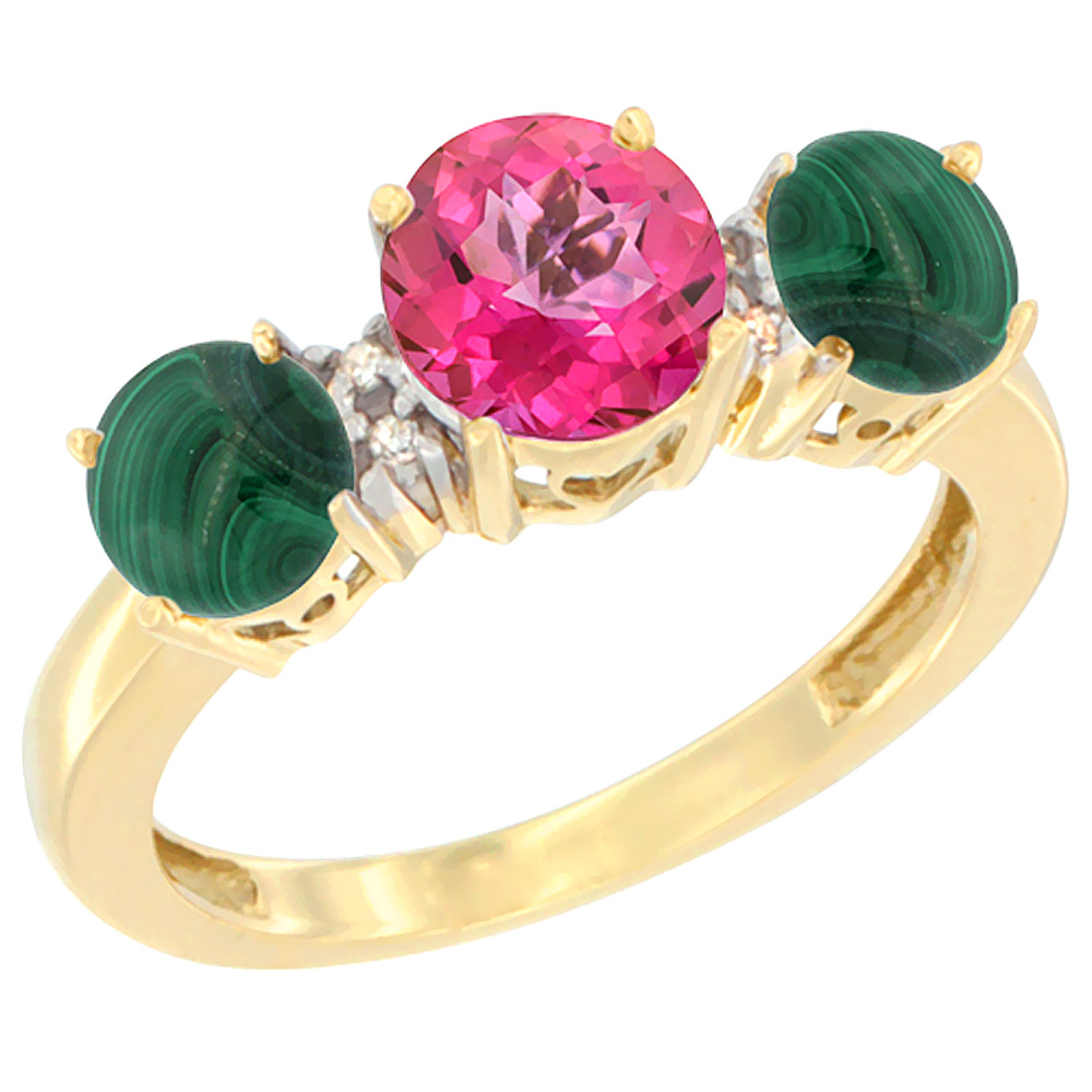 14K Yellow Gold Round 3-Stone Natural Pink Topaz Ring & Malachite Sides Diamond Accent, sizes 5 - 10