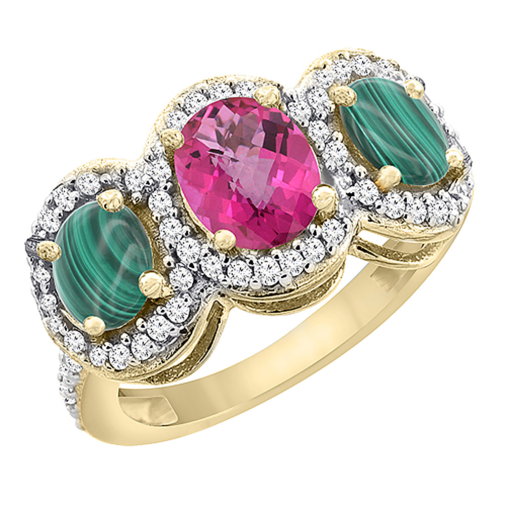 14K Yellow Gold Natural Pink Sapphire & Malachite 3-Stone Ring Oval Diamond Accent, sizes 5 - 10
