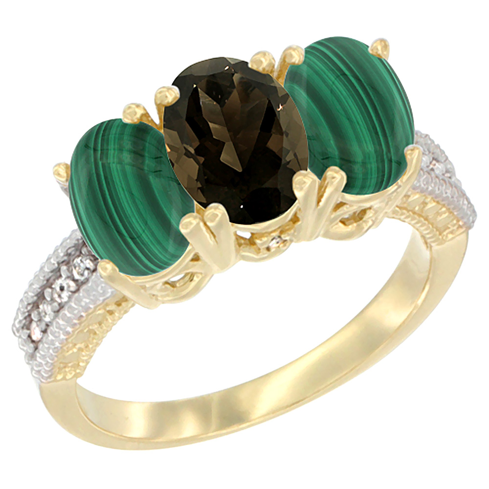 14K Yellow Gold Natural Smoky Topaz Ring with Malachite 3-Stone 7x5 mm Oval Diamond Accent, sizes 5 - 10