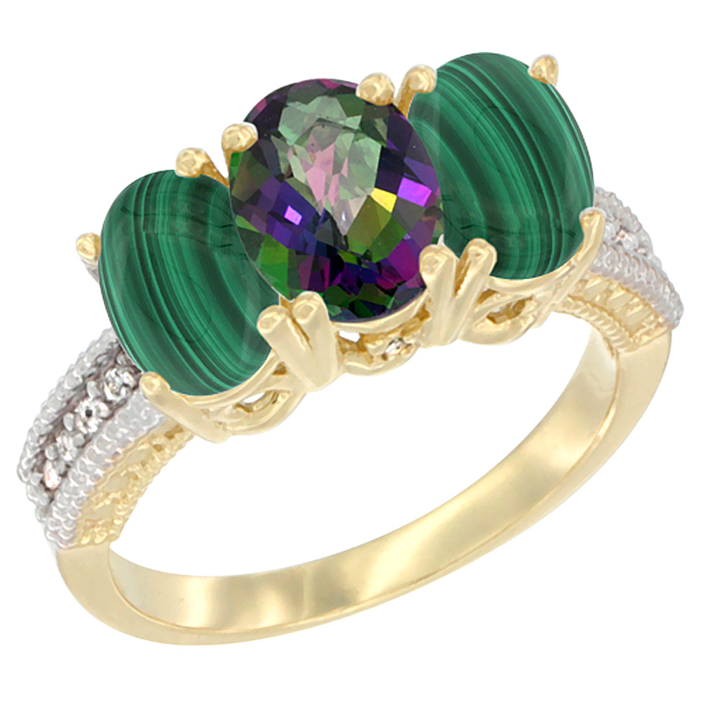 14K Yellow Gold Natural Mystic Topaz Ring with Malachite 3-Stone 7x5 mm Oval Diamond Accent, sizes 5 - 10
