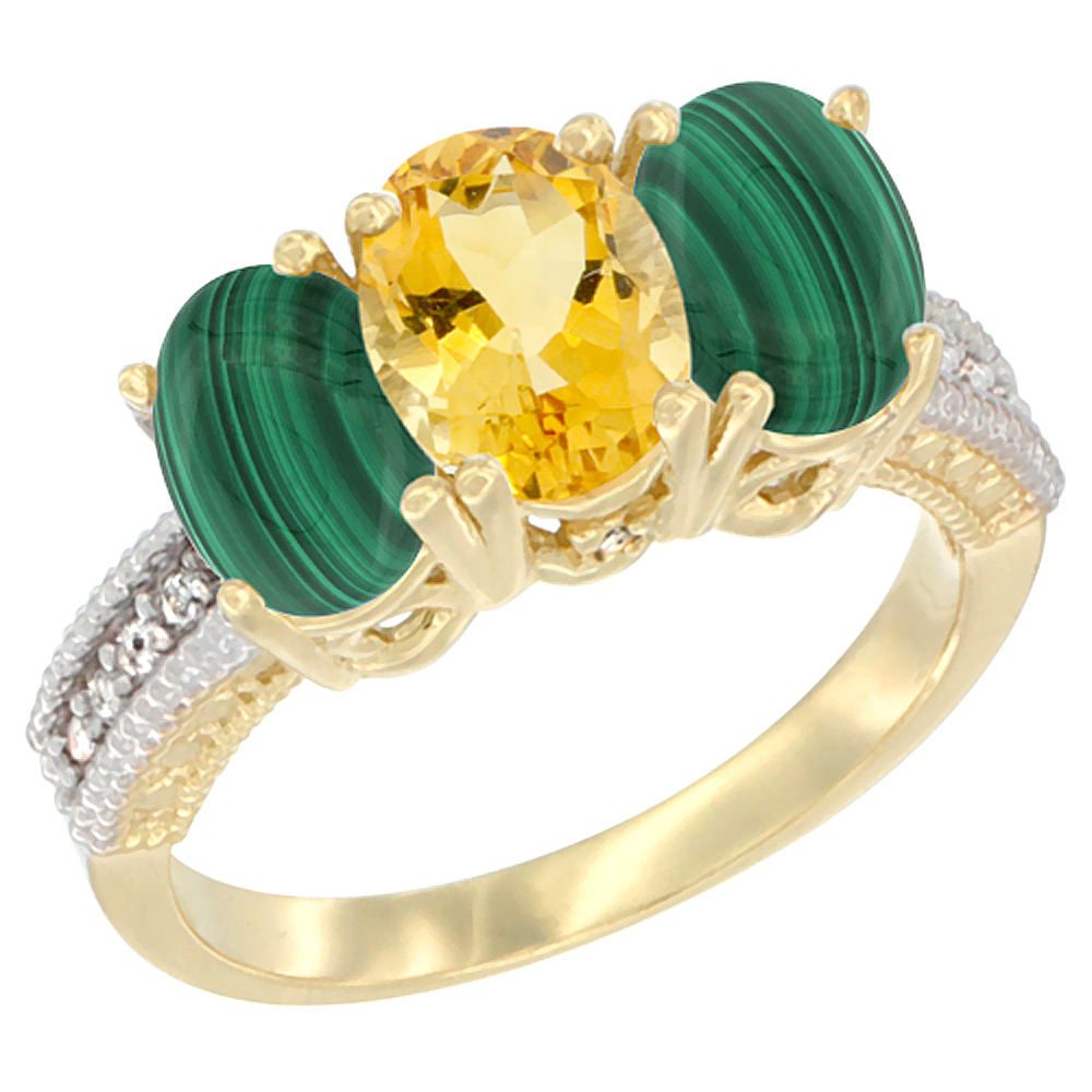 14K Yellow Gold Natural Citrine Ring with Malachite 3-Stone 7x5 mm Oval Diamond Accent, sizes 5 - 10