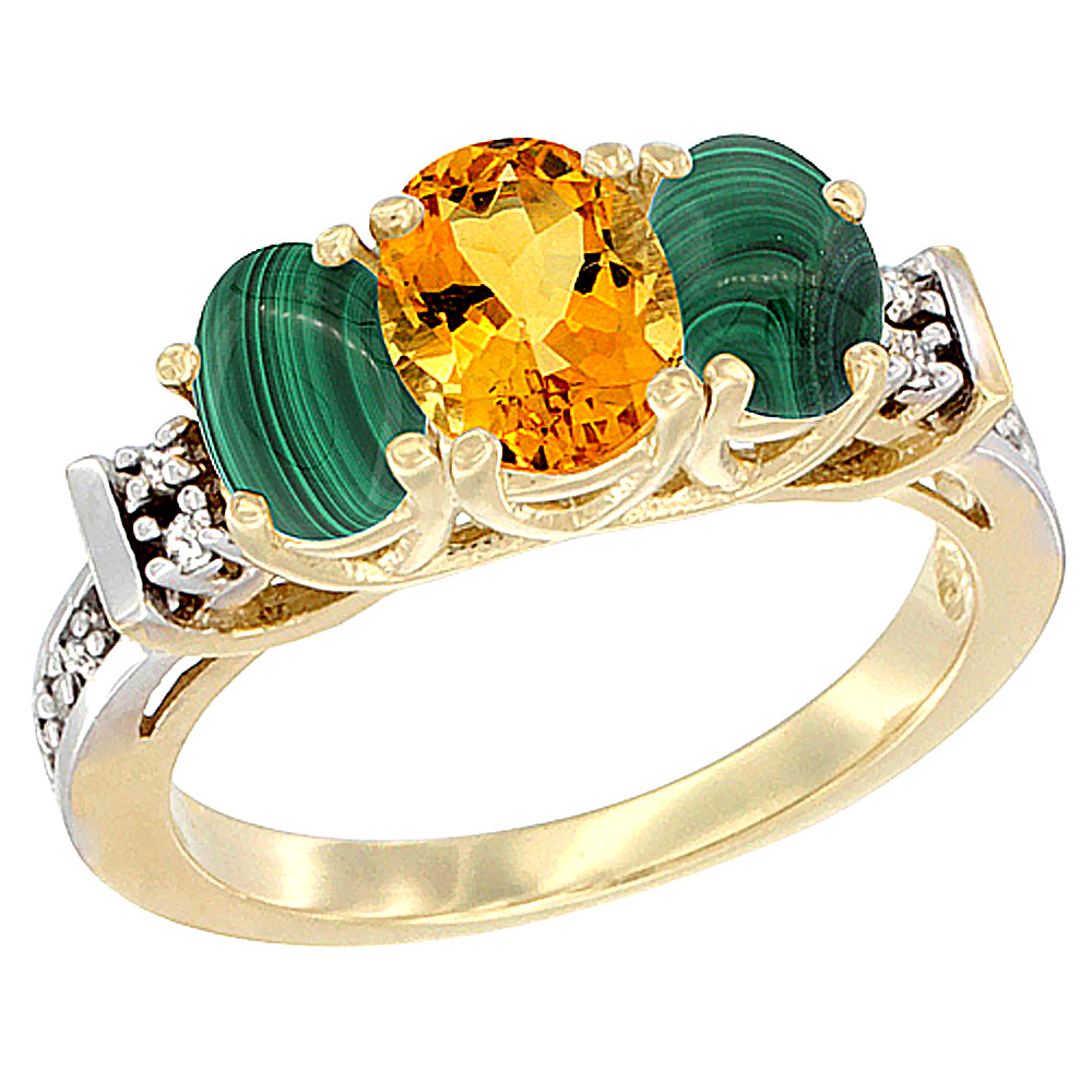 10K Yellow Gold Natural Citrine & Malachite Ring 3-Stone Oval Diamond Accent