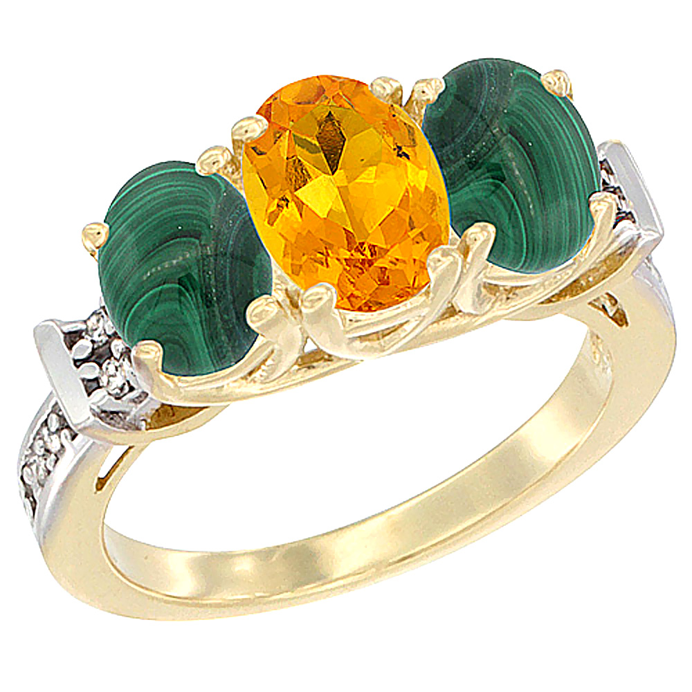 10K Yellow Gold Natural Citrine &amp; Malachite Sides Ring 3-Stone Oval Diamond Accent, sizes 5 - 10