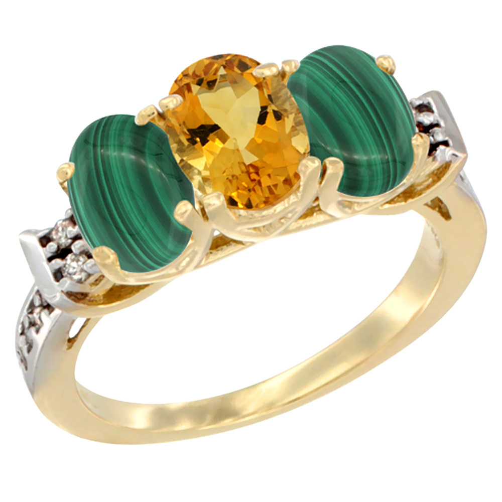 10K Yellow Gold Natural Citrine & Malachite Sides Ring 3-Stone Oval 7x5 mm Diamond Accent, sizes 5 - 10