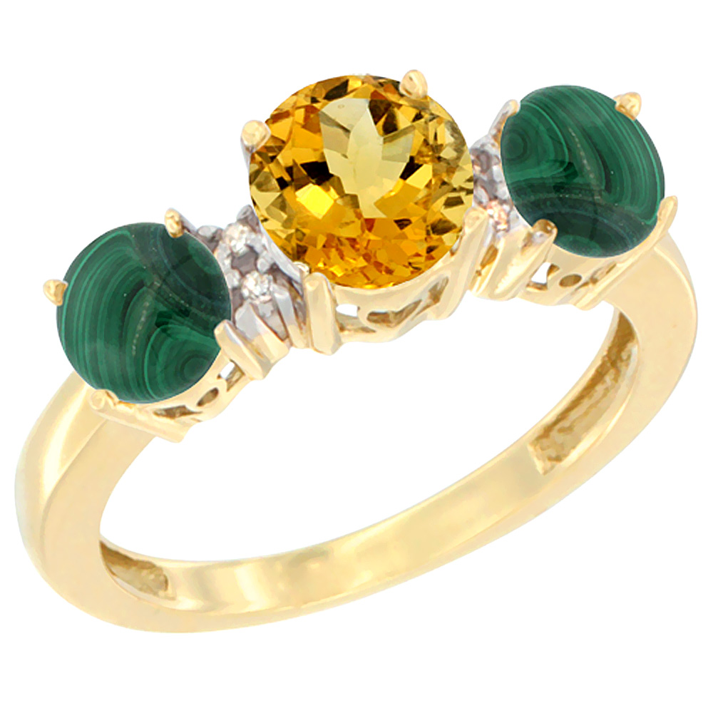 10K Yellow Gold Round 3-Stone Natural Citrine Ring &amp; Malachite Sides Diamond Accent, sizes 5 - 10
