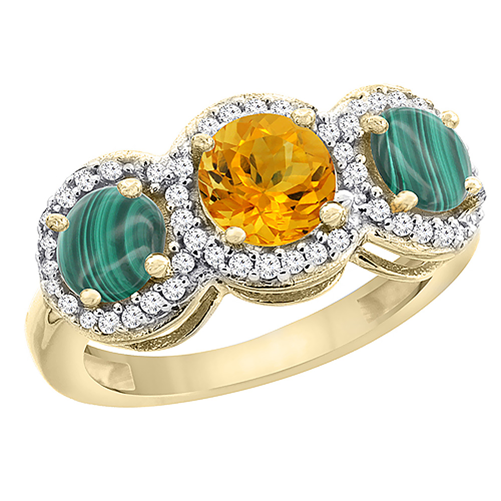 14K Yellow Gold Natural Citrine &amp; Malachite Sides Round 3-stone Ring Diamond Accents, sizes 5 - 10