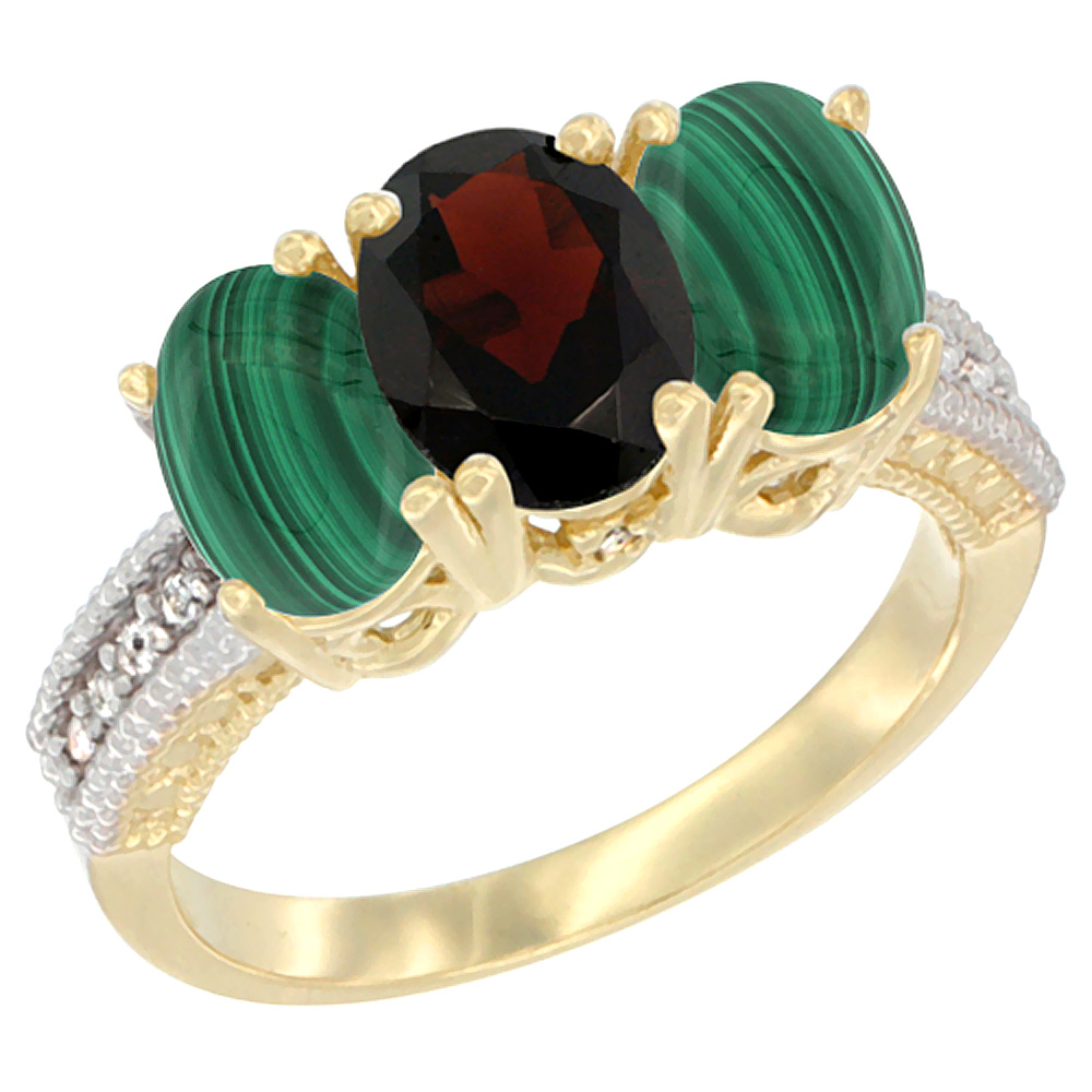 14K Yellow Gold Natural Garnet Ring with Malachite 3-Stone 7x5 mm Oval Diamond Accent, sizes 5 - 10