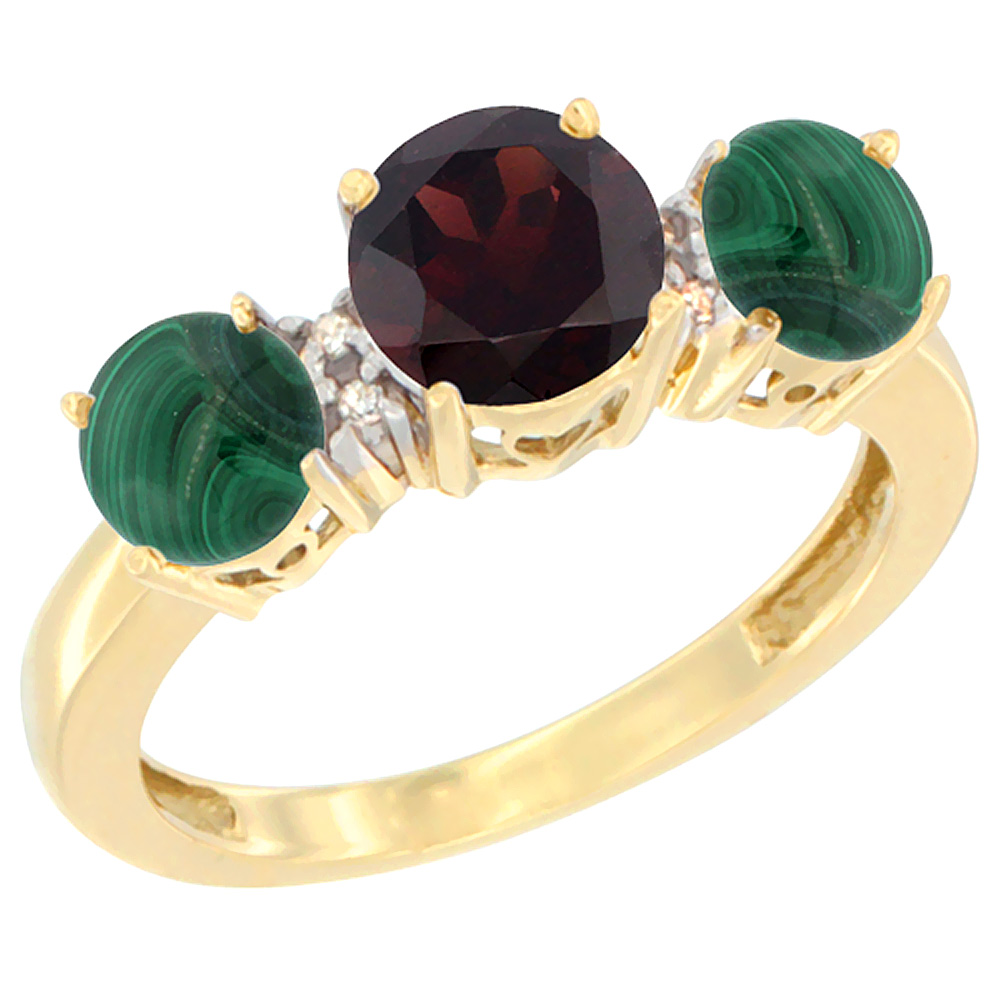 14K Yellow Gold Round 3-Stone Natural Garnet Ring & Malachite Sides Diamond Accent, sizes 5 - 10